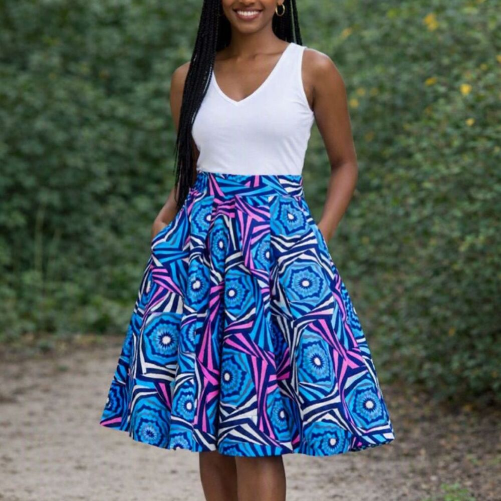 Francis + Benedict Pleated Skirt XS Geometric Blue Purple Pink Africa Colorful